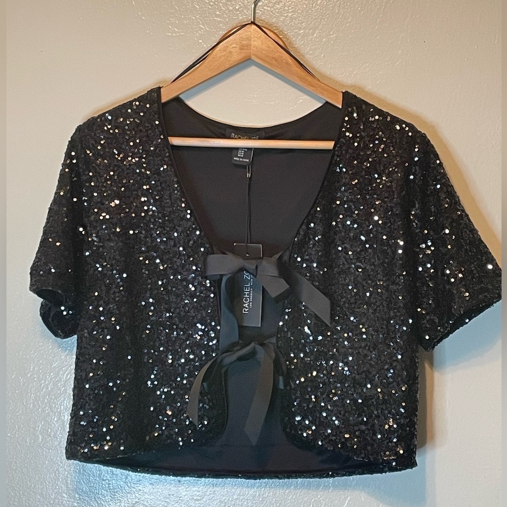 Rachel Zoe black sequins tie front crop top size M glitter Fairy